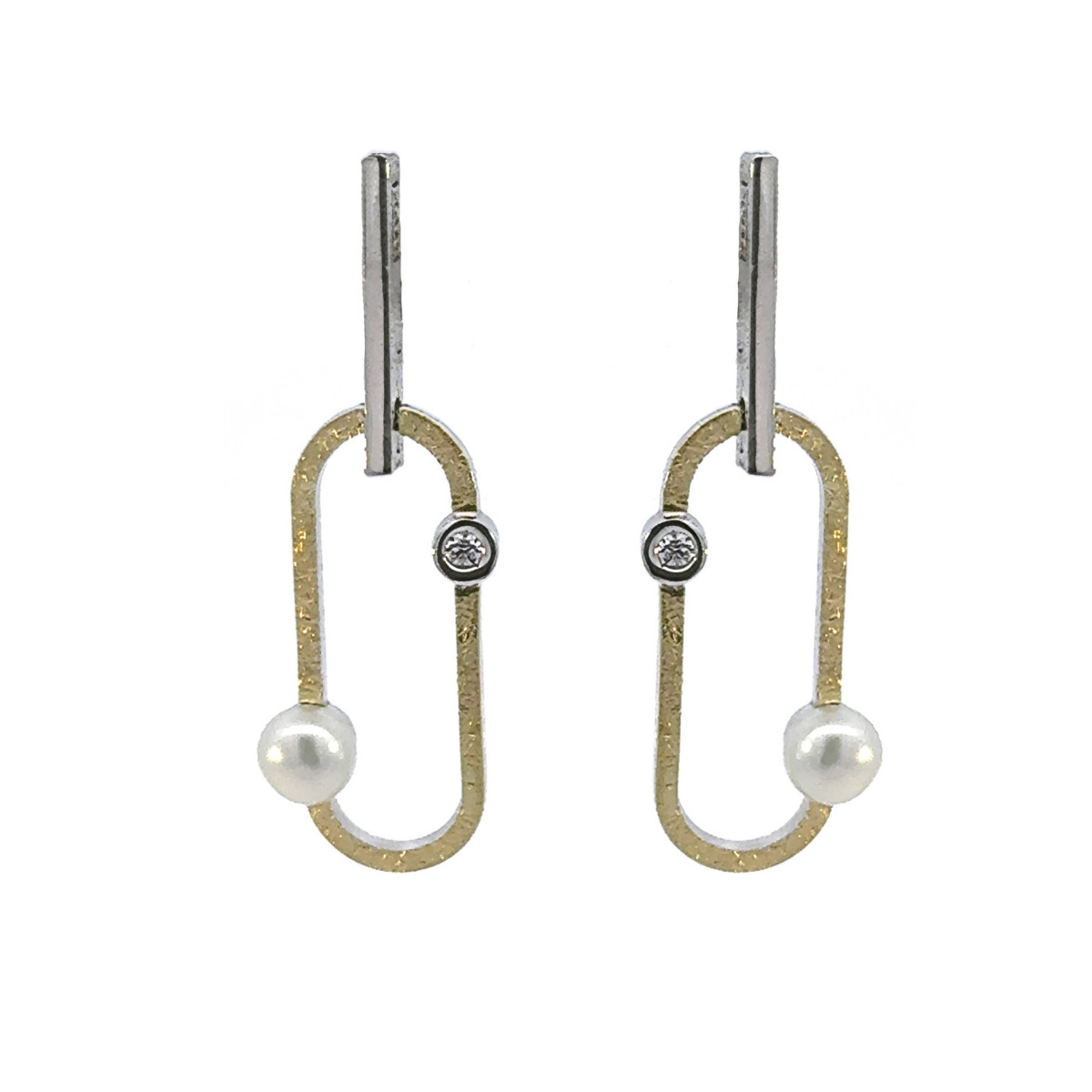 Pendientes de plata, oro, diamante lab y perla