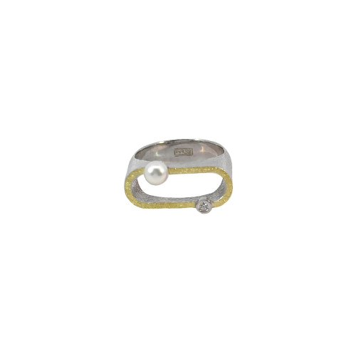 Anillo de plata, oro, DIAMANT  LAB y perla