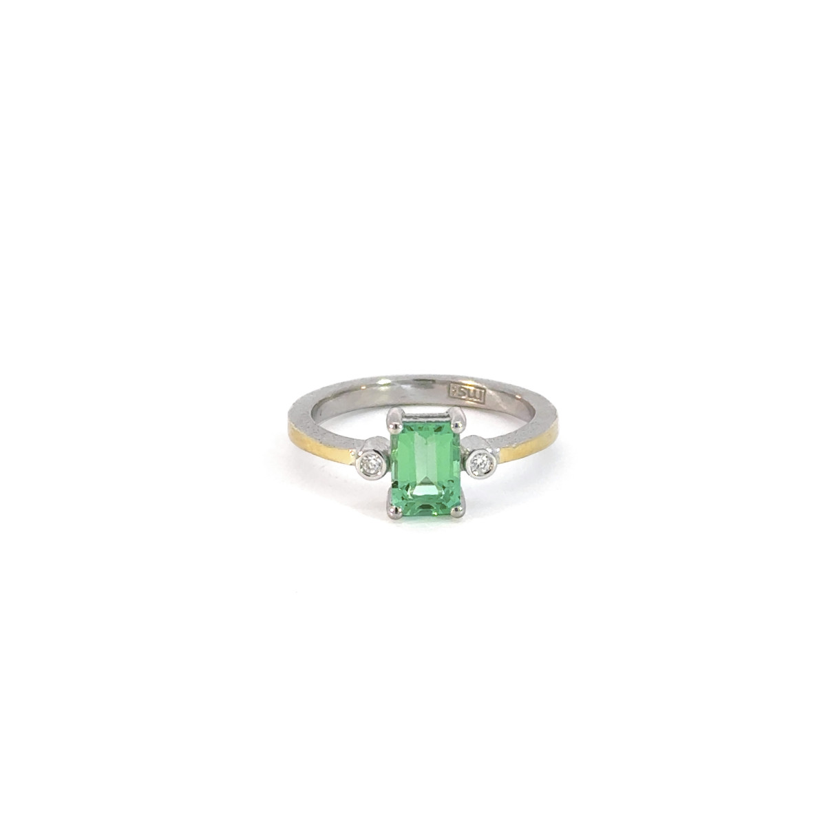 Silver, gold, diamond and emerald ring