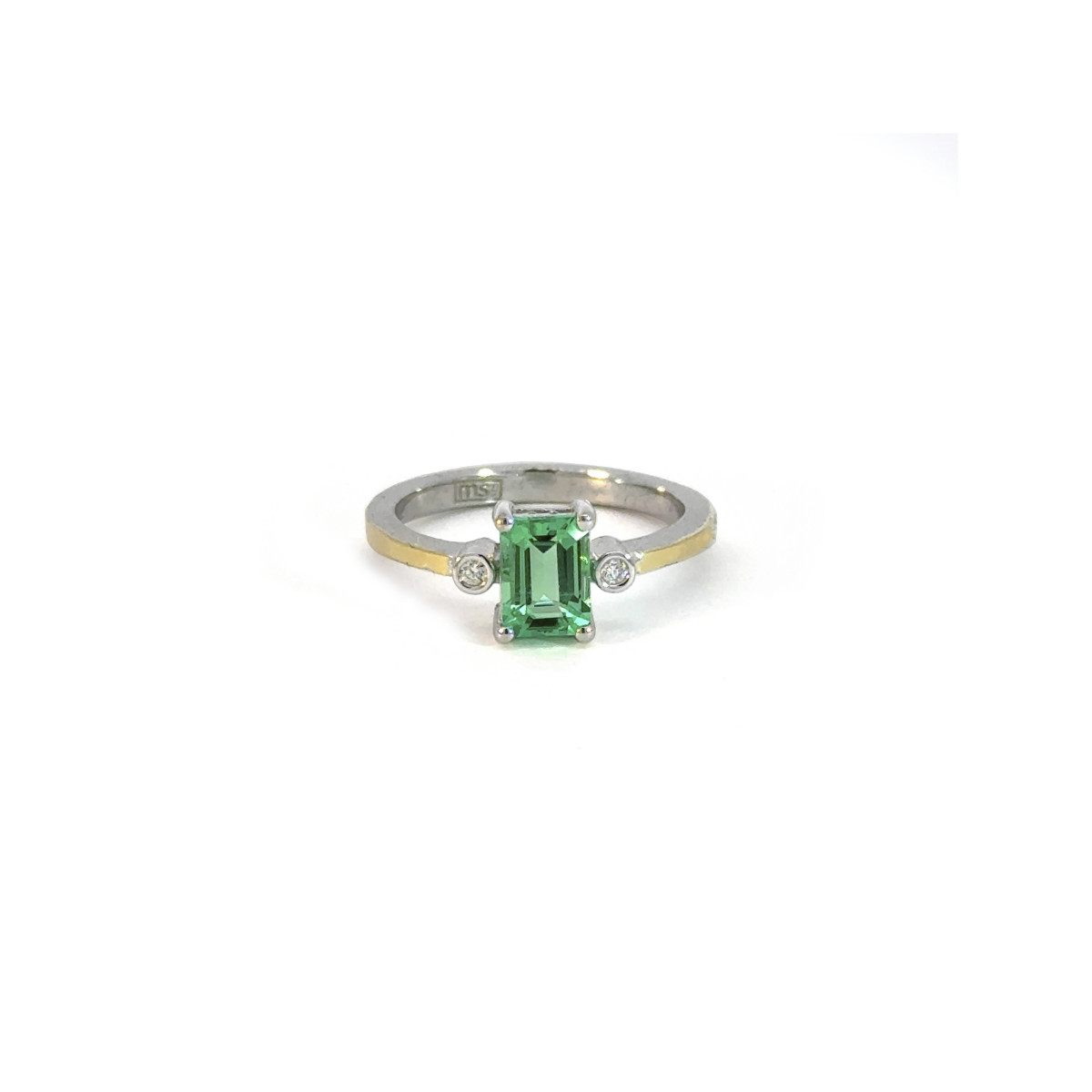 Silver, gold, diamond and emerald ring