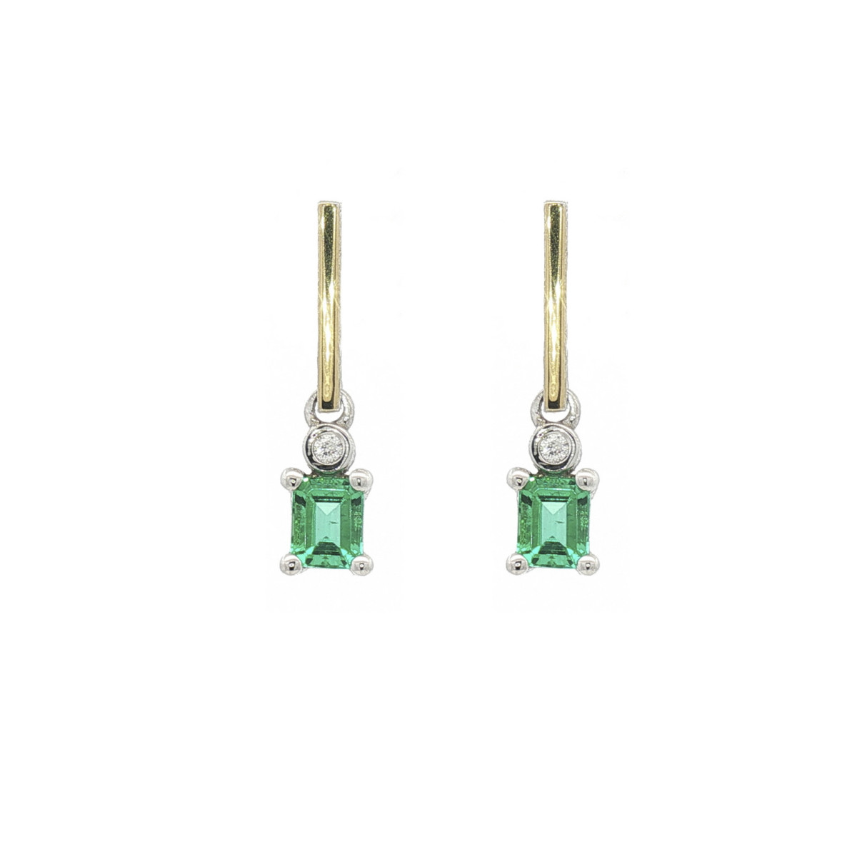 Pendientes de plata, oro, diamante lab y esmeralda lab