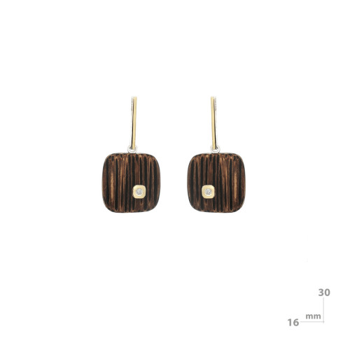 Pendientes madera, plata, oro y diamante lab