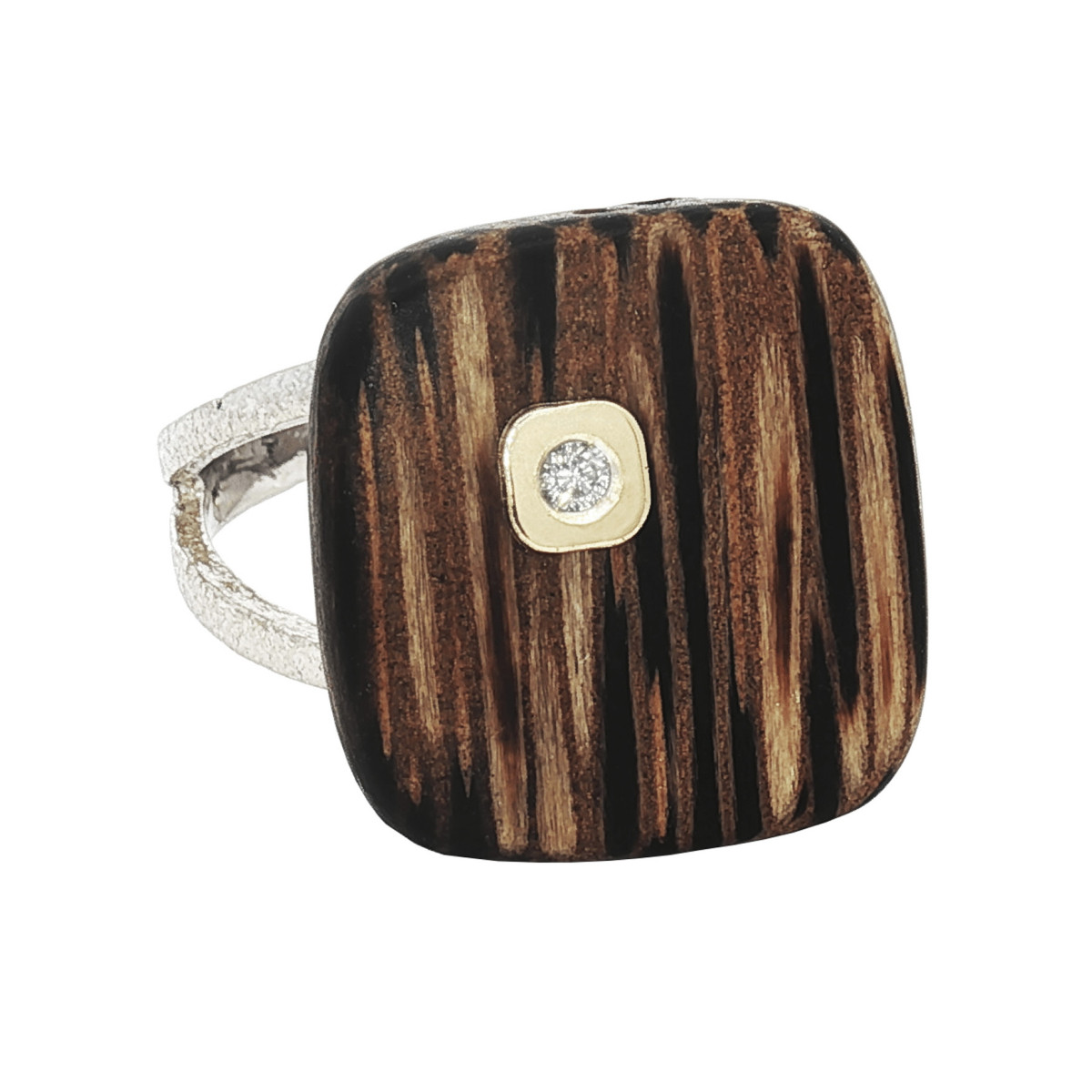 Anillo de plata y  madera con boca de plata, oro y diamante lab de 0.015 ct