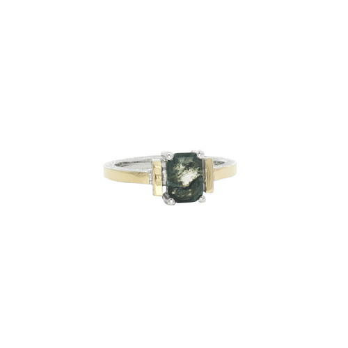 Silver, gold and moss agate ring