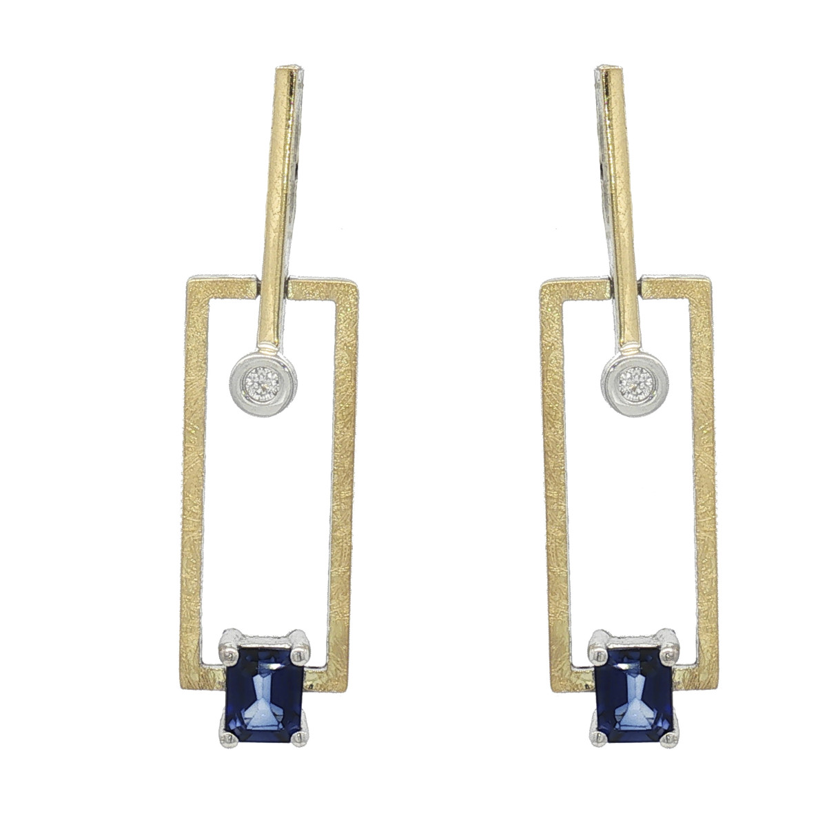 Earrings in silver, gold, sapphire and shiny lab