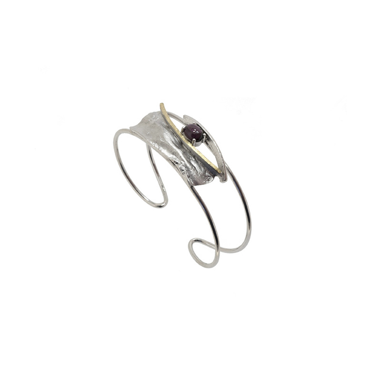 Silver, gold and rhodolite bangle
