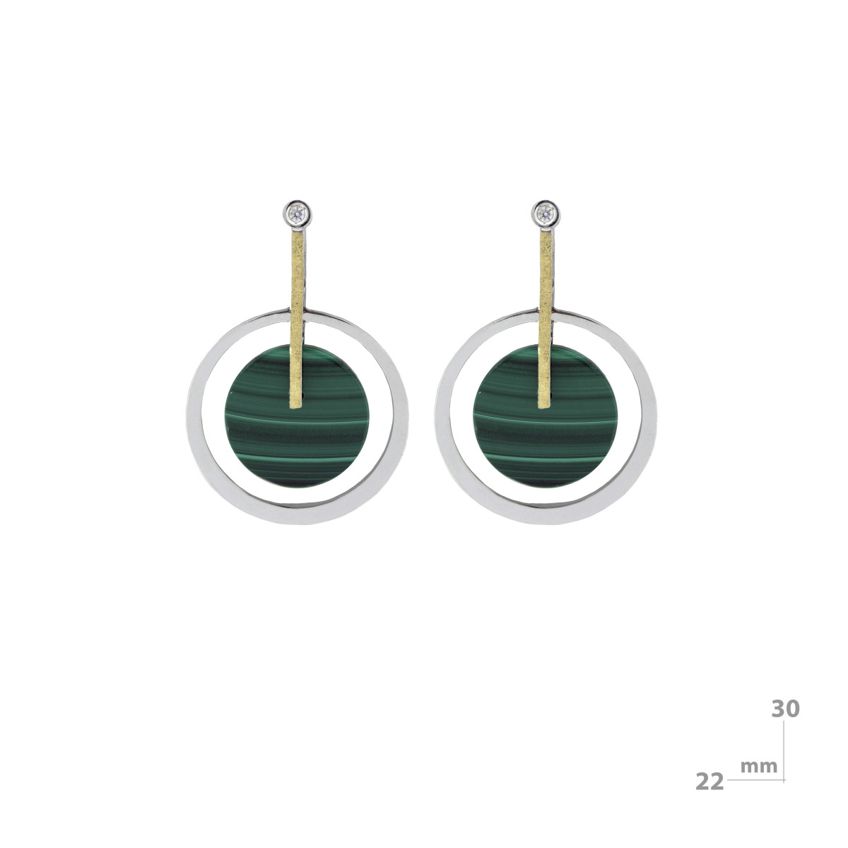 Earrings made of silver, gold, brilliant and malachite