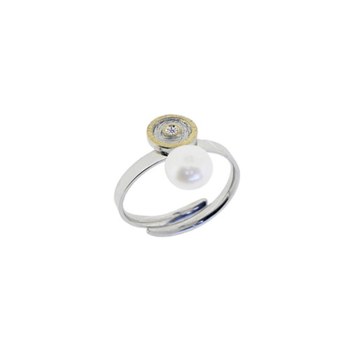 Silver, gold, cultured and shiny pearl ring