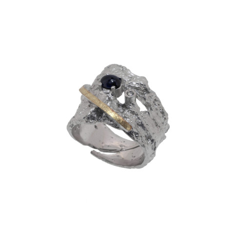Silver, gold, sapphire and brilliant ring