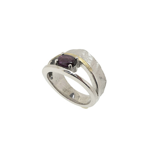 Silver, gold and rhodolite ring