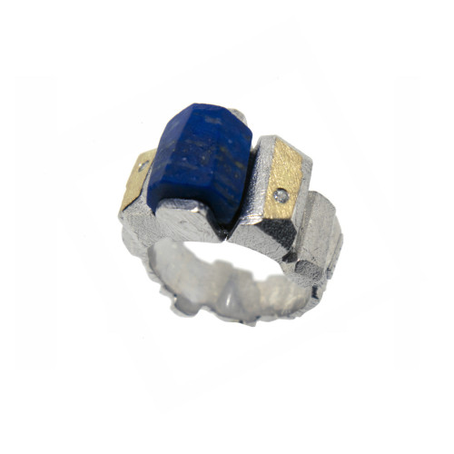 Silver, gold, lapis lazuli and brilliant ring