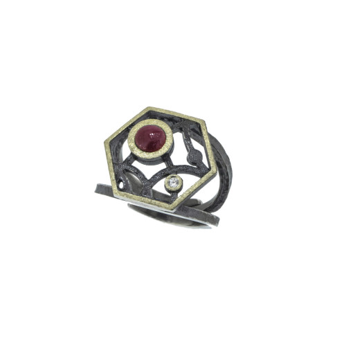 Silver, gold, ruby ​​and shiny ring