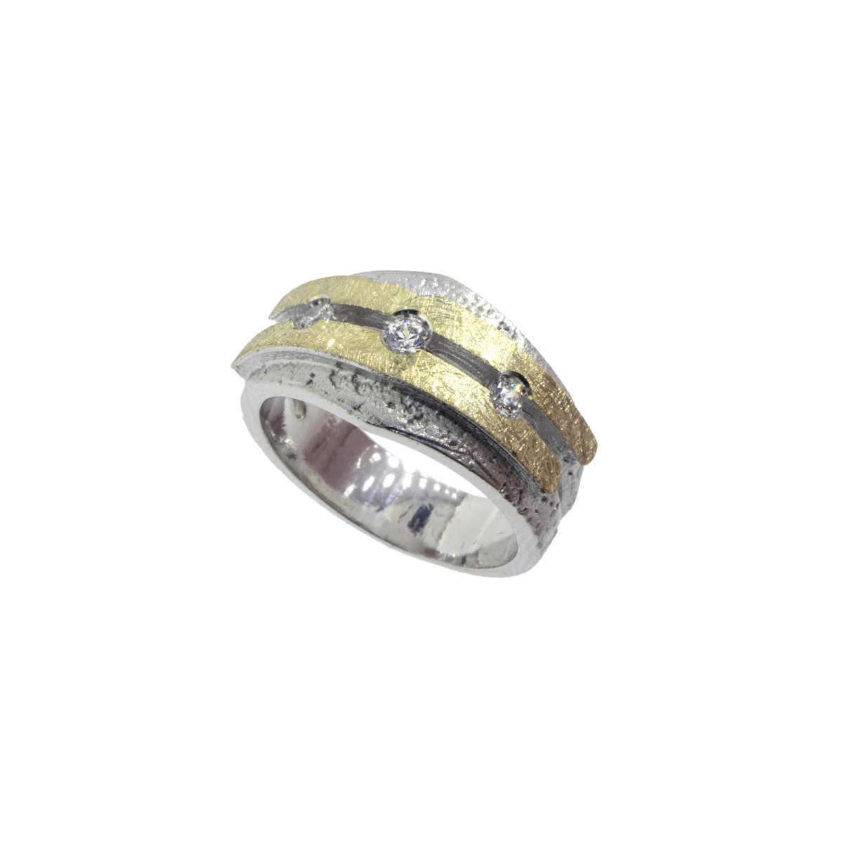 RING IN SILVER, GOLD, TWO BRILLIANT 0.04 CT AND ONE 0.05 CT