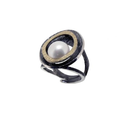 Silver, gold and cultured pearl ring