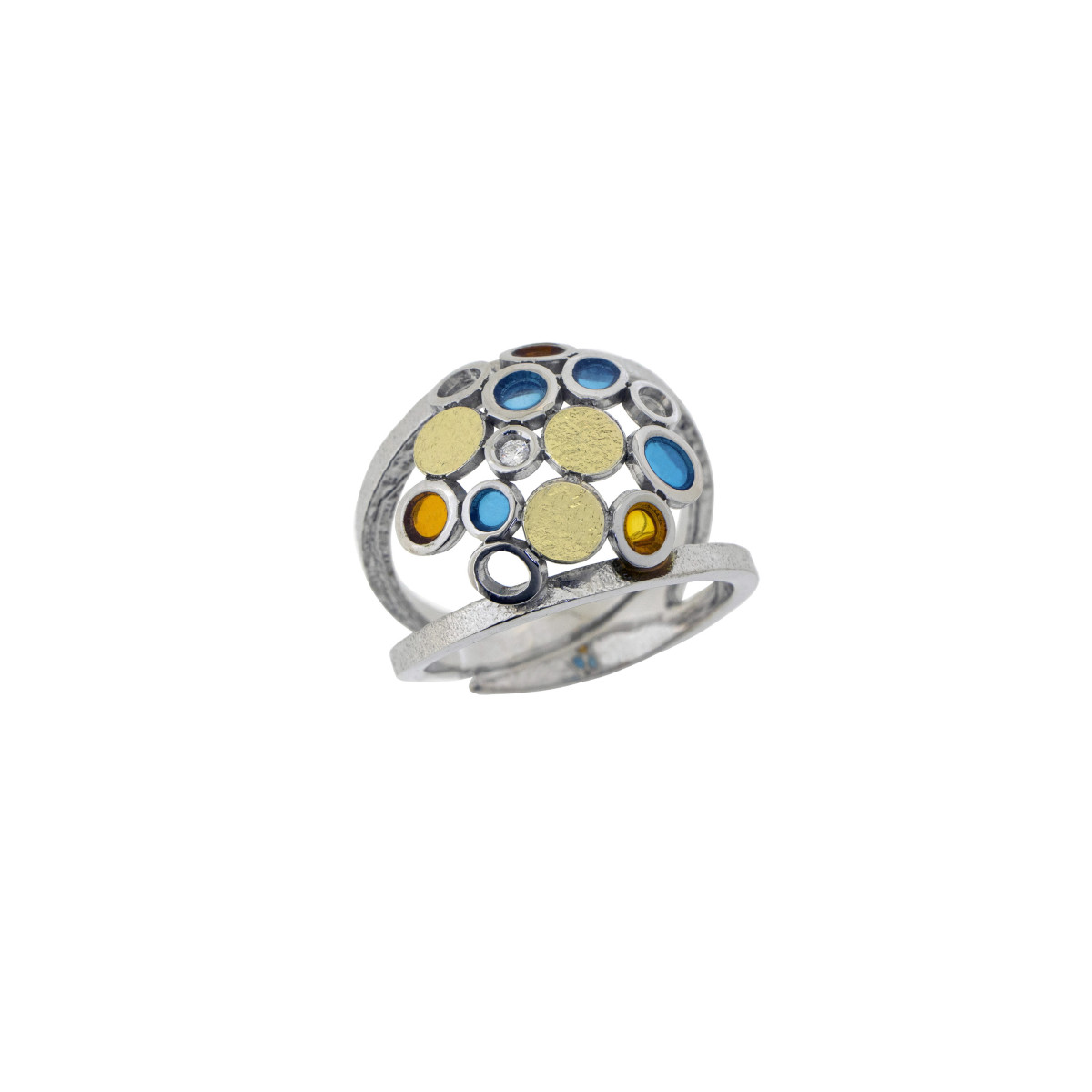 Silver, gold, enamel and brilliant ring