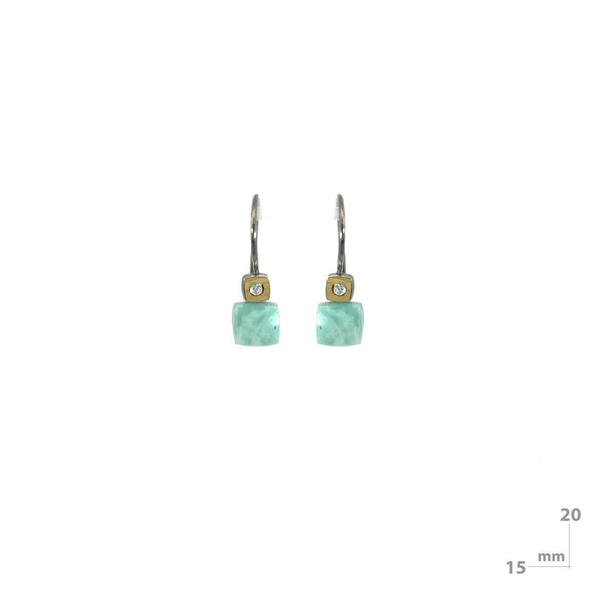 Earrings made of rhodium-plated silver, gold, brilliant and amazonite