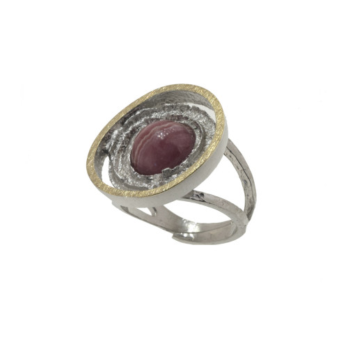 Silver, gold and rhodochrosite ring