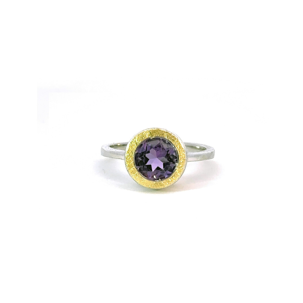 Silver, gold and amethyst ring