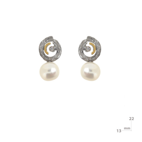 Pendientes de plata, oro, perla cultivada y brillante
