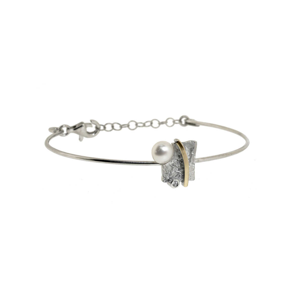 Pulsera de plata, oro, perla cultivada y brillante