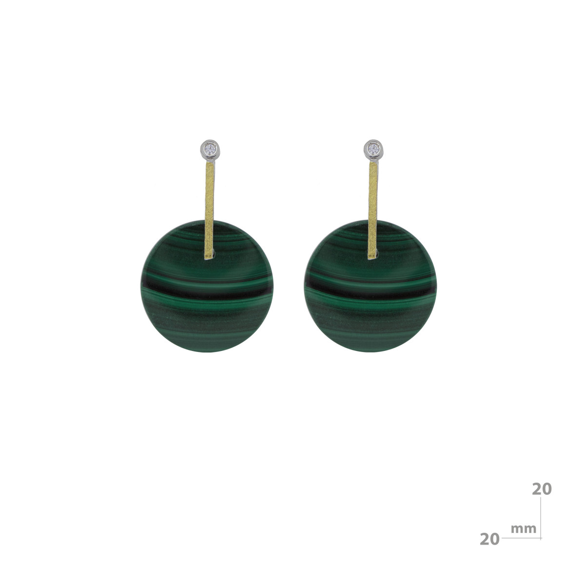 Earrings made of silver, gold, brilliant and malachite
