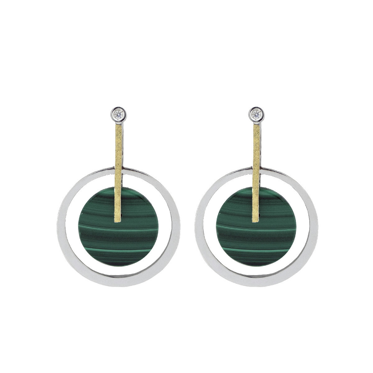 Earrings made of silver, gold, brilliant and malachite