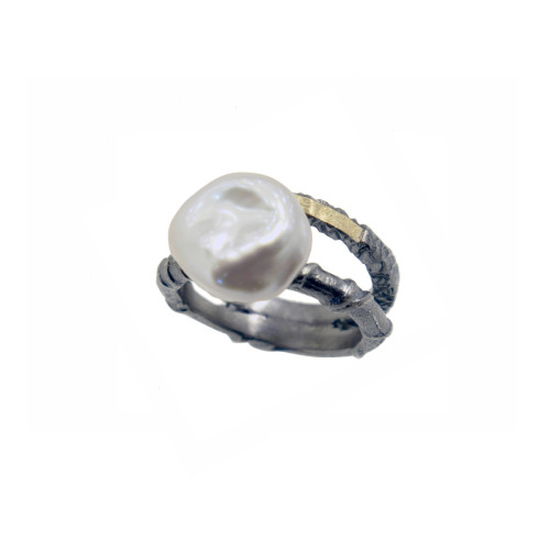 Silver, gold and baroque pearl ring