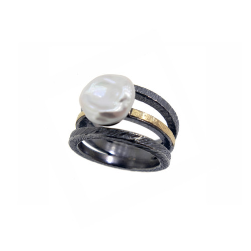 Silver, gold and baroque pearl ring
