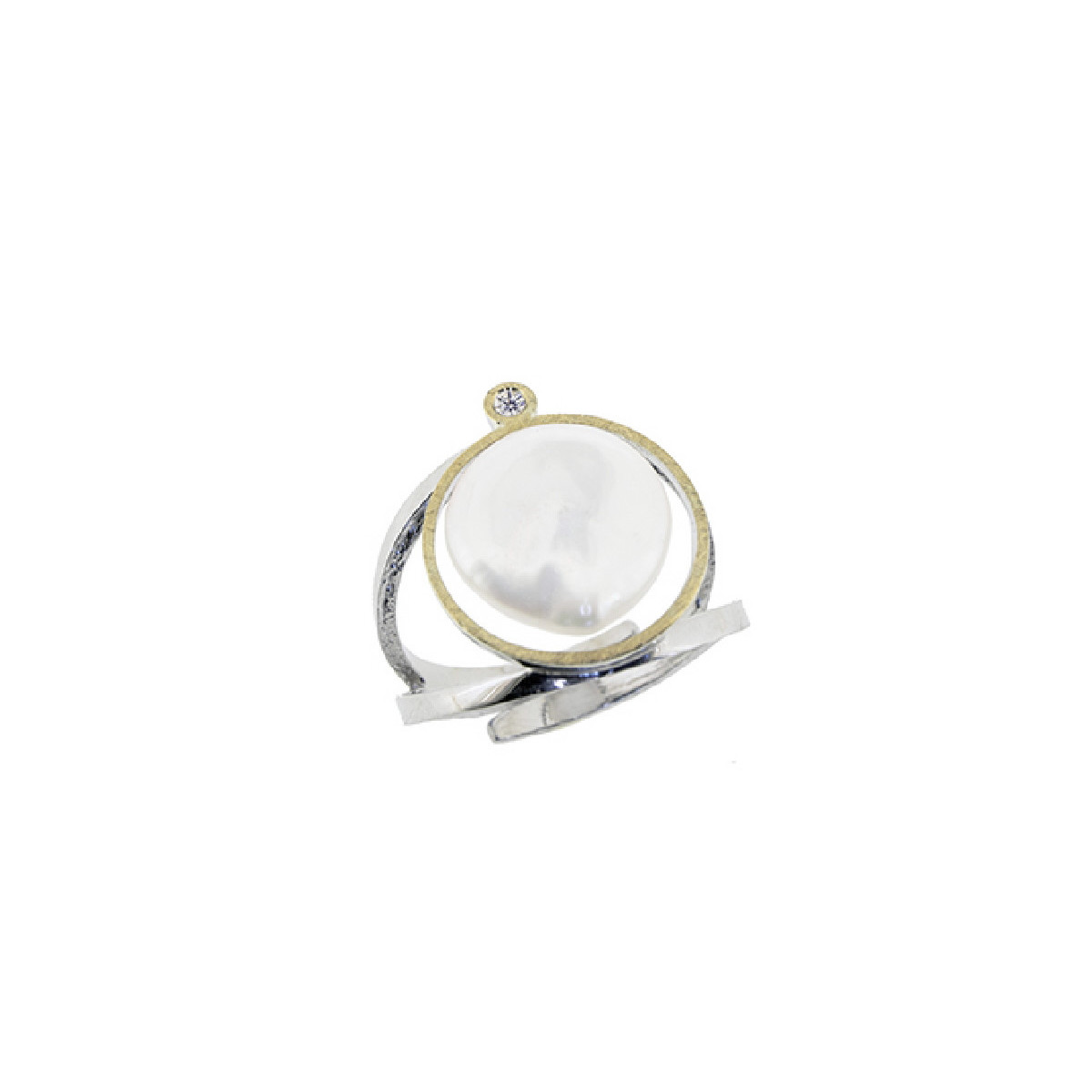 Silver, gold, cultured and shiny pearl ring