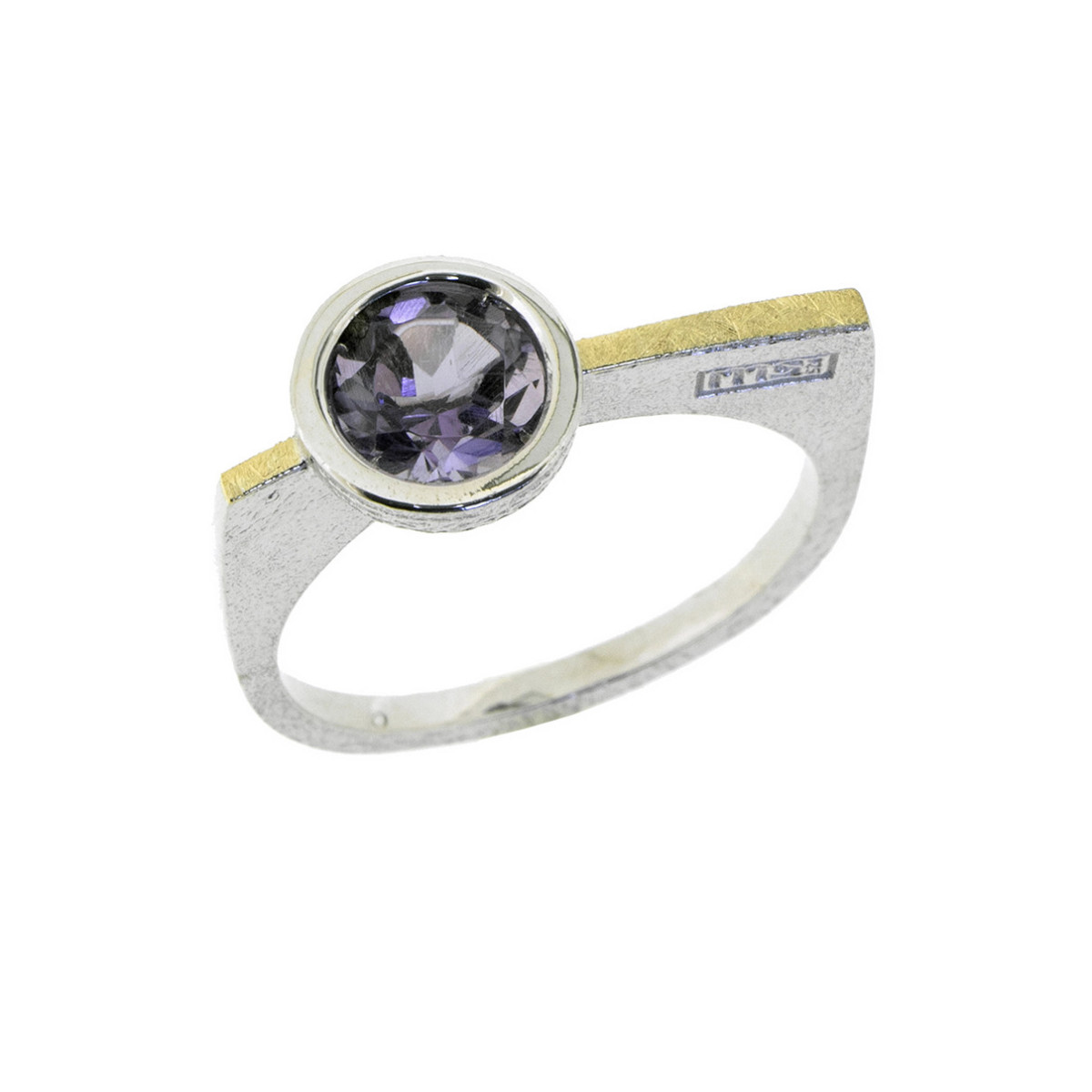 Silver, gold and amethyst ring