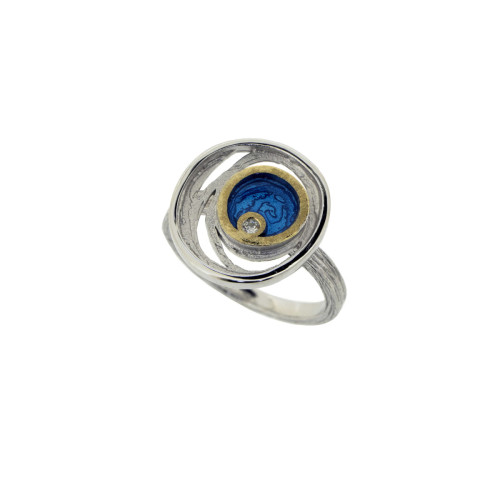 Anillo de plata, oro, esmalte y brillante