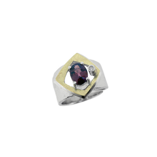 Anillo de plata, oro, rodolita y brillante de 0.015 ct