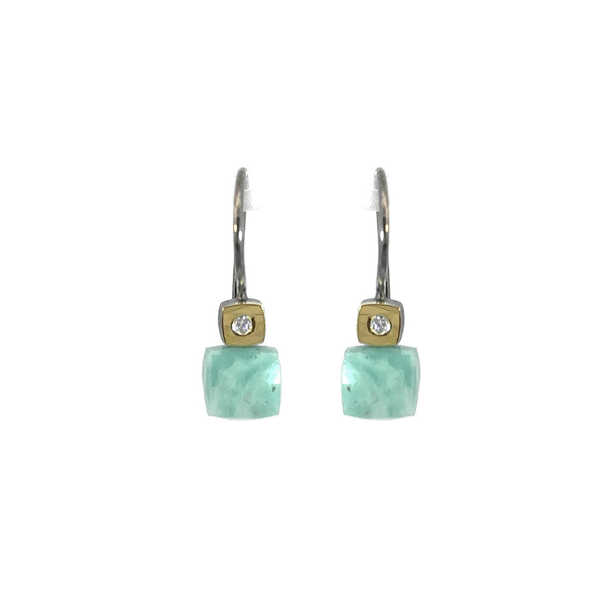 Earrings made of rhodium-plated silver, gold, brilliant and amazonite