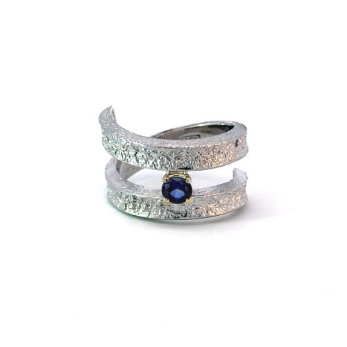 Silver, gold and sapphire ring