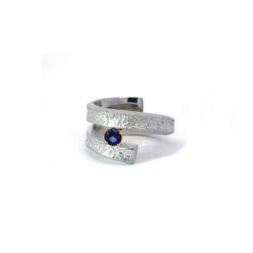 Silver, gold and sapphire ring
