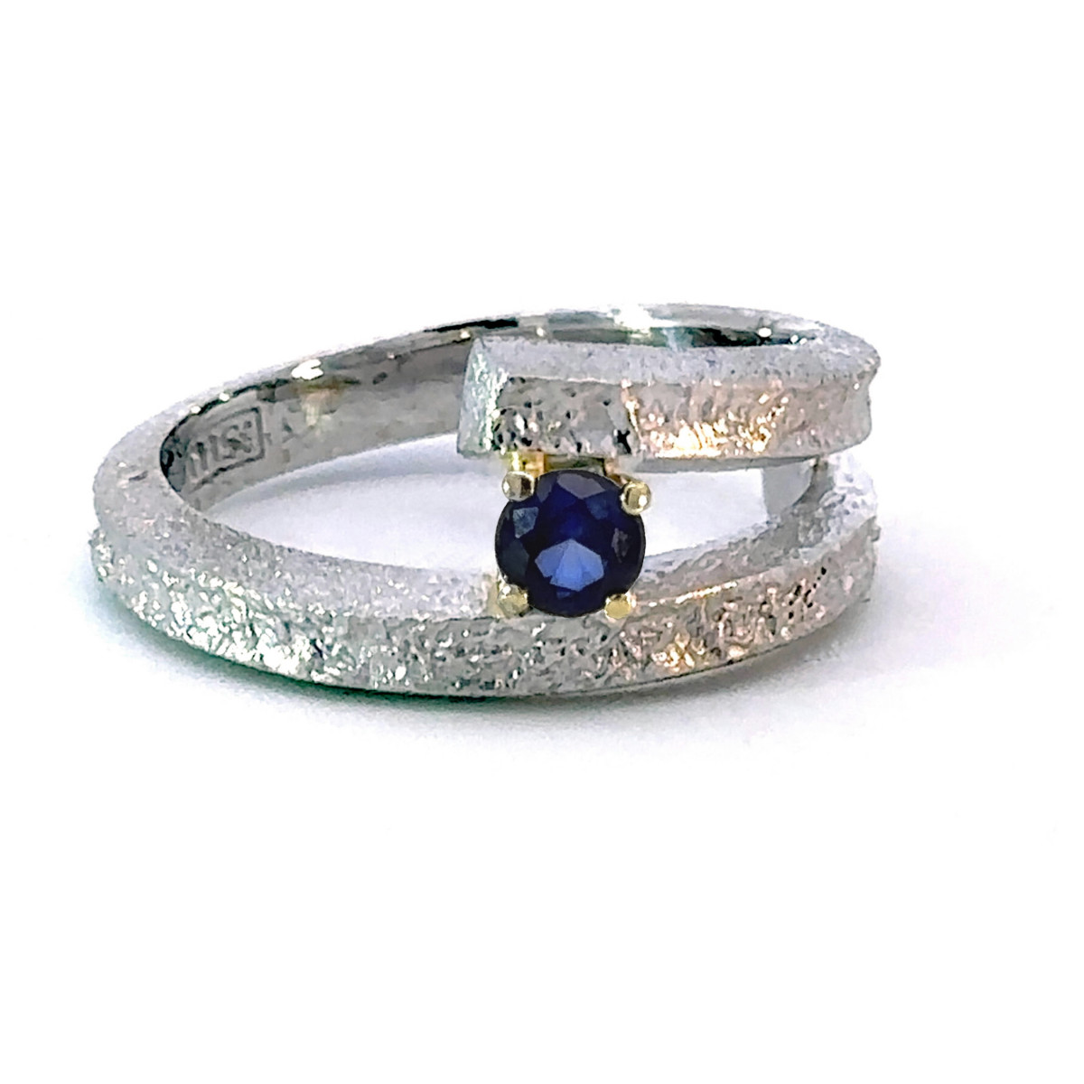 Silver gold and sapphire ring