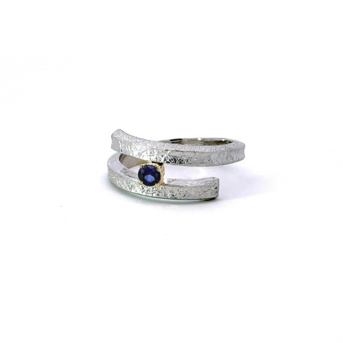Silver, gold and sapphire ring